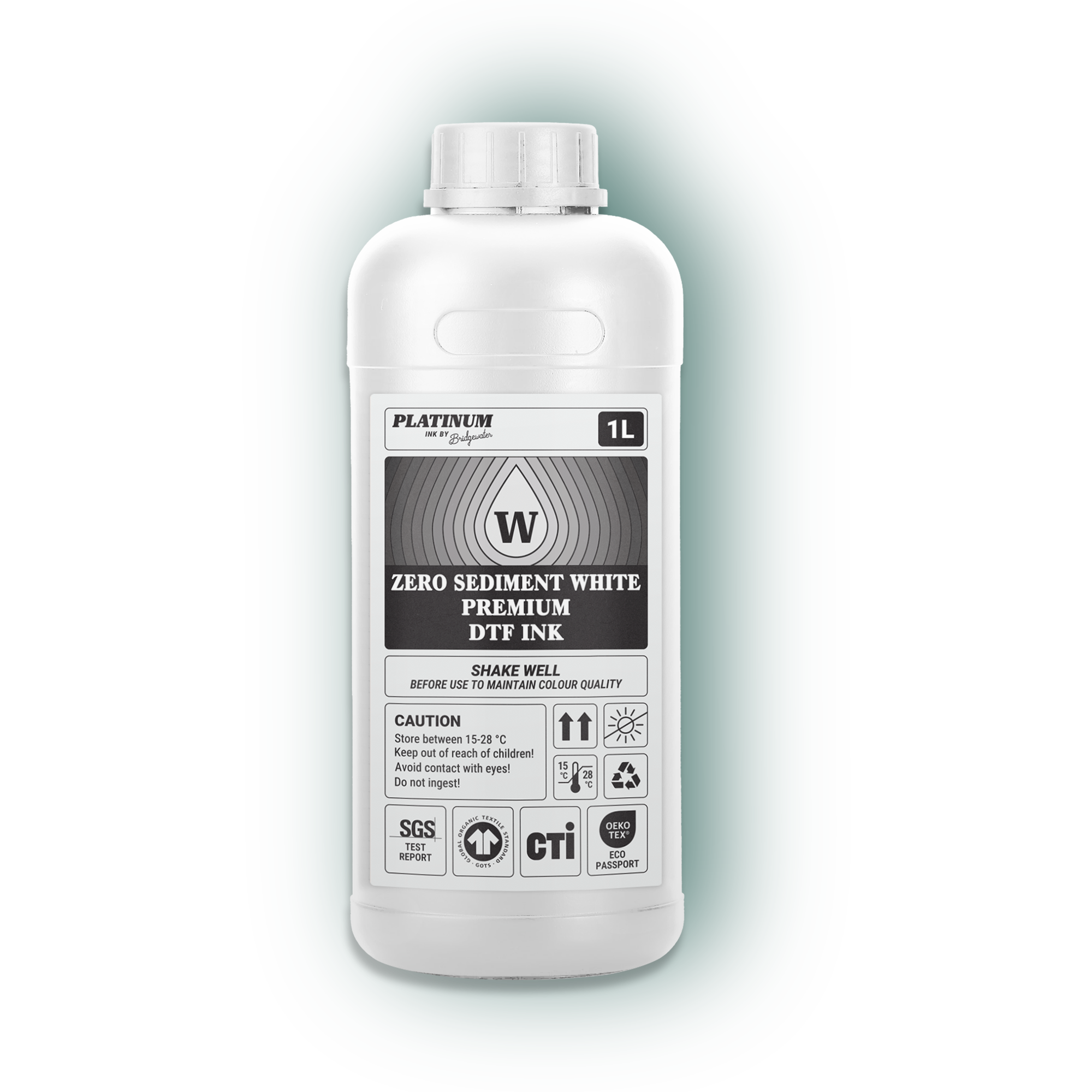 Zero Sediment White Platinum DTF Ink – high opacity white ink bottle